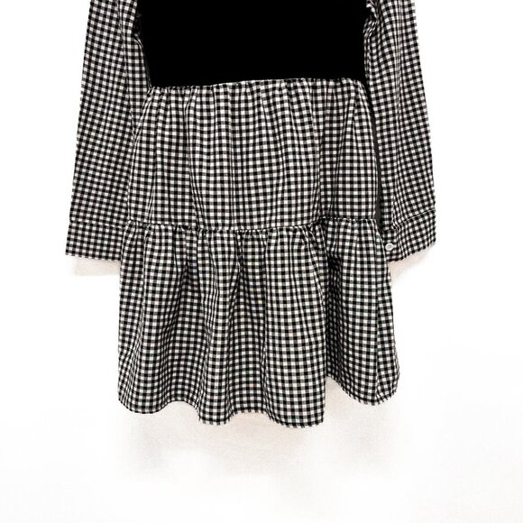 Gingham Plaid Collared Ruffle Shirt Dress Long Sleeve Black White Small 4 - Picture 7 of 8